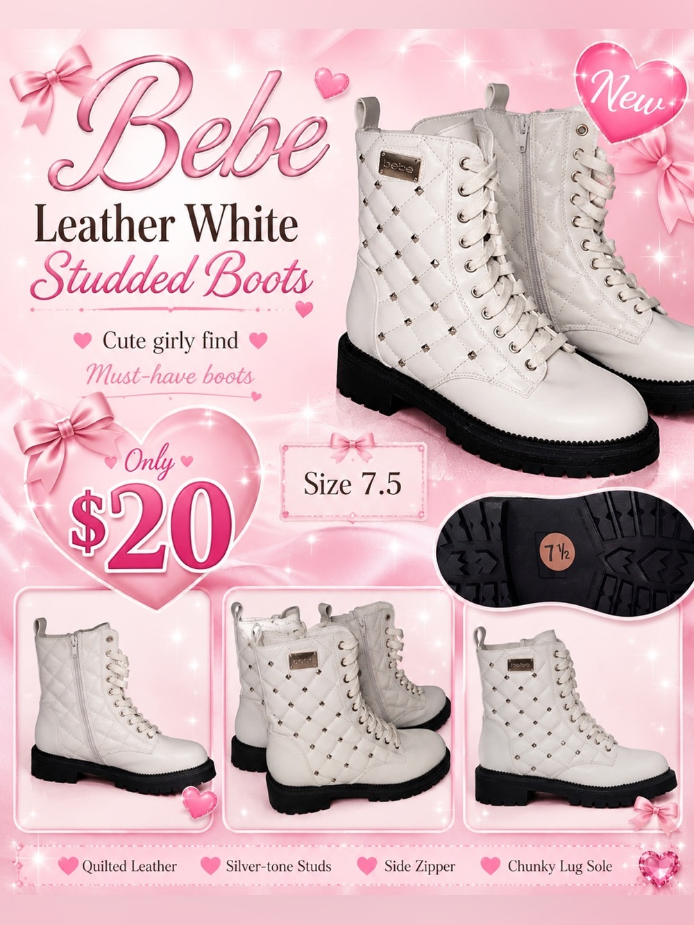bebe White Quilted Studded Lace-Up Combat Boots